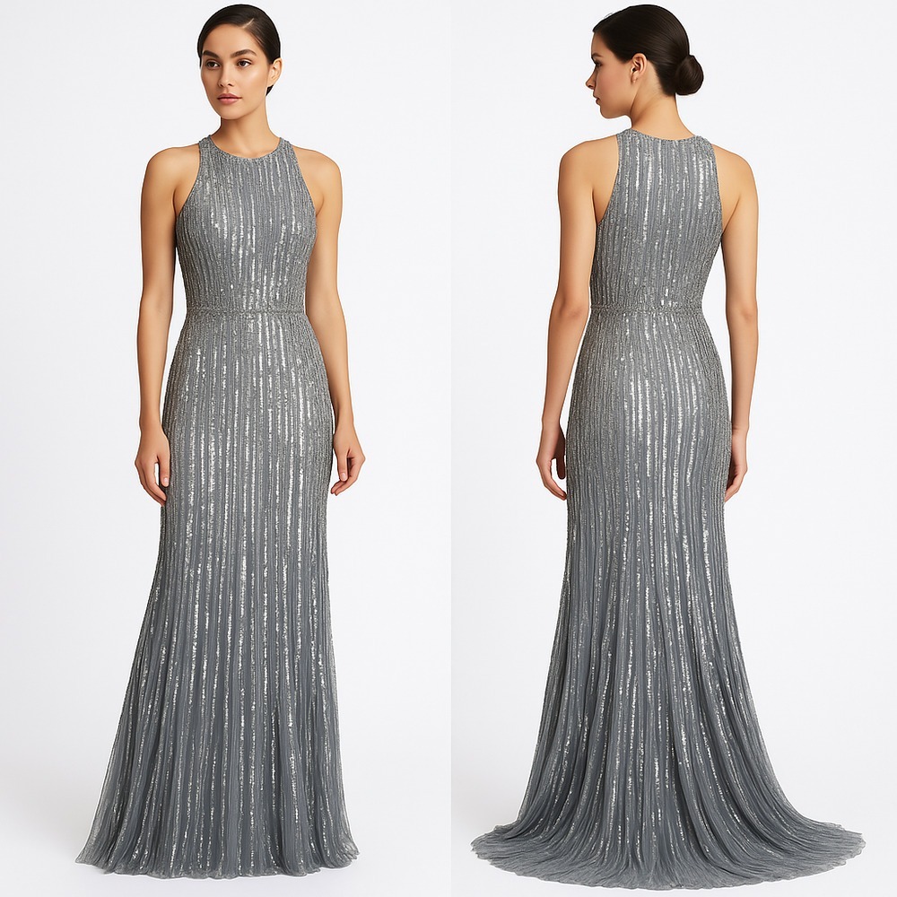 Mac Duggal Dress Womens 4 Silver Evening Gown Sequin Sleeveless Floor Length